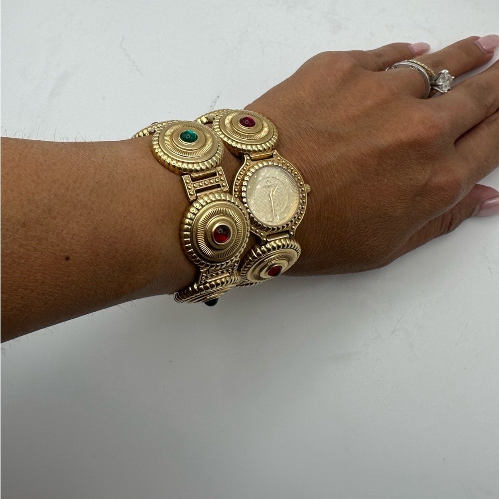 Vintage Girarducci 1960s gold plated jewel double bracelet watch stack sapphire