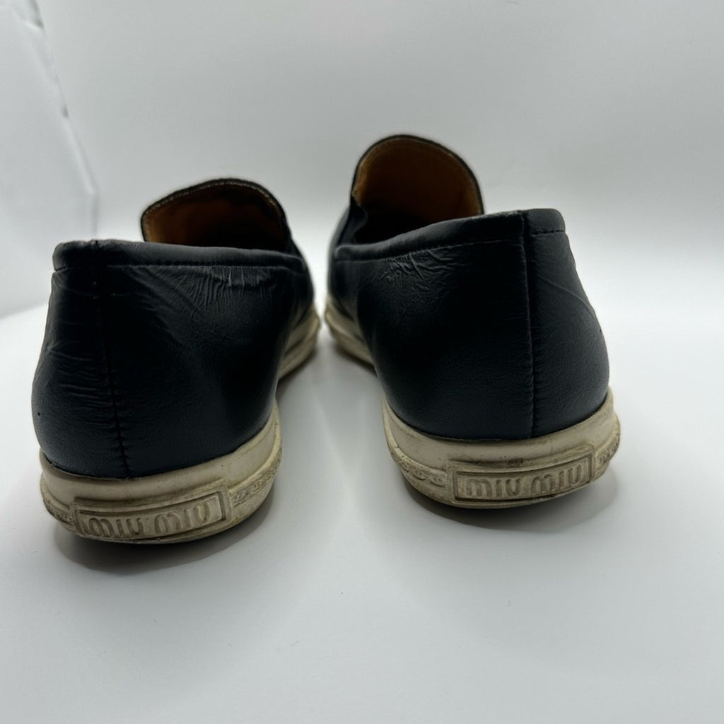 Miu Miu Womens Skate Shoes Black Leather Slip On Metal Cap Toe Size 36 Flats