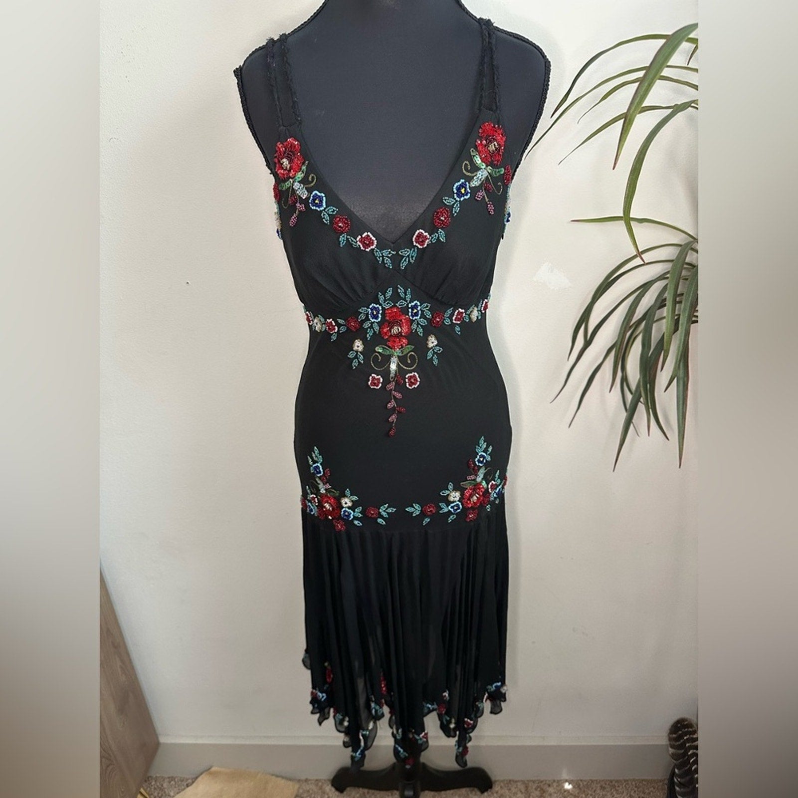 Sue Wong vintage silk beaded asymmetrical midi dress Y2K 90s style Fairycore