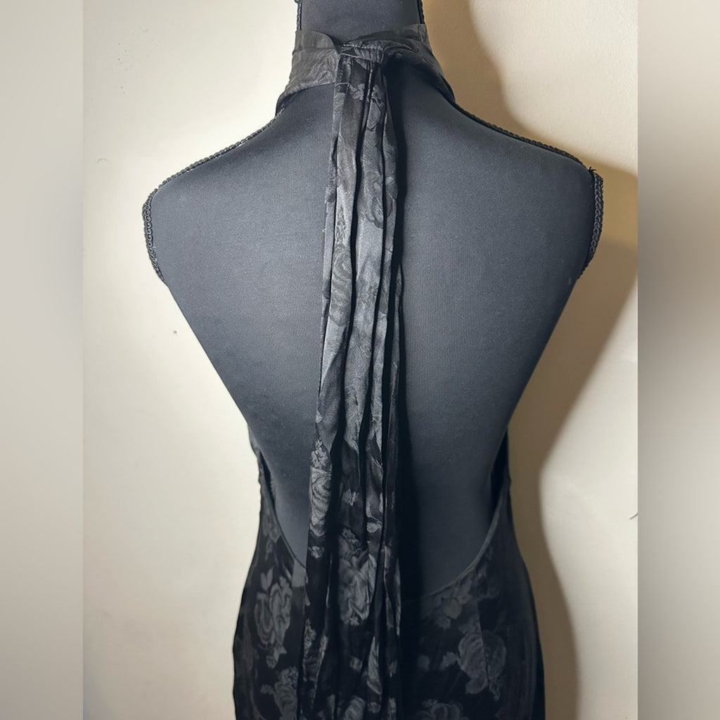 Ronny Kobo black floral Nola evening dress w/ plunging neckline & choker collar