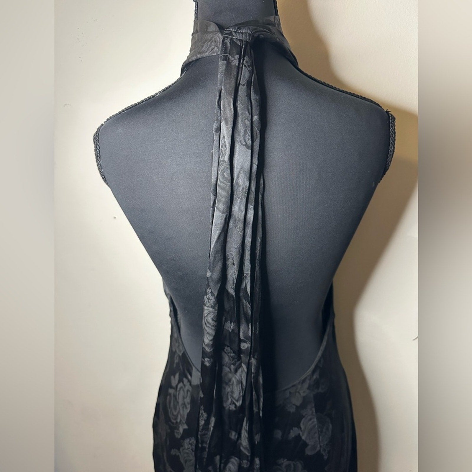 Ronny Kobo black floral Nola evening dress w/ plunging neckline & choker collar