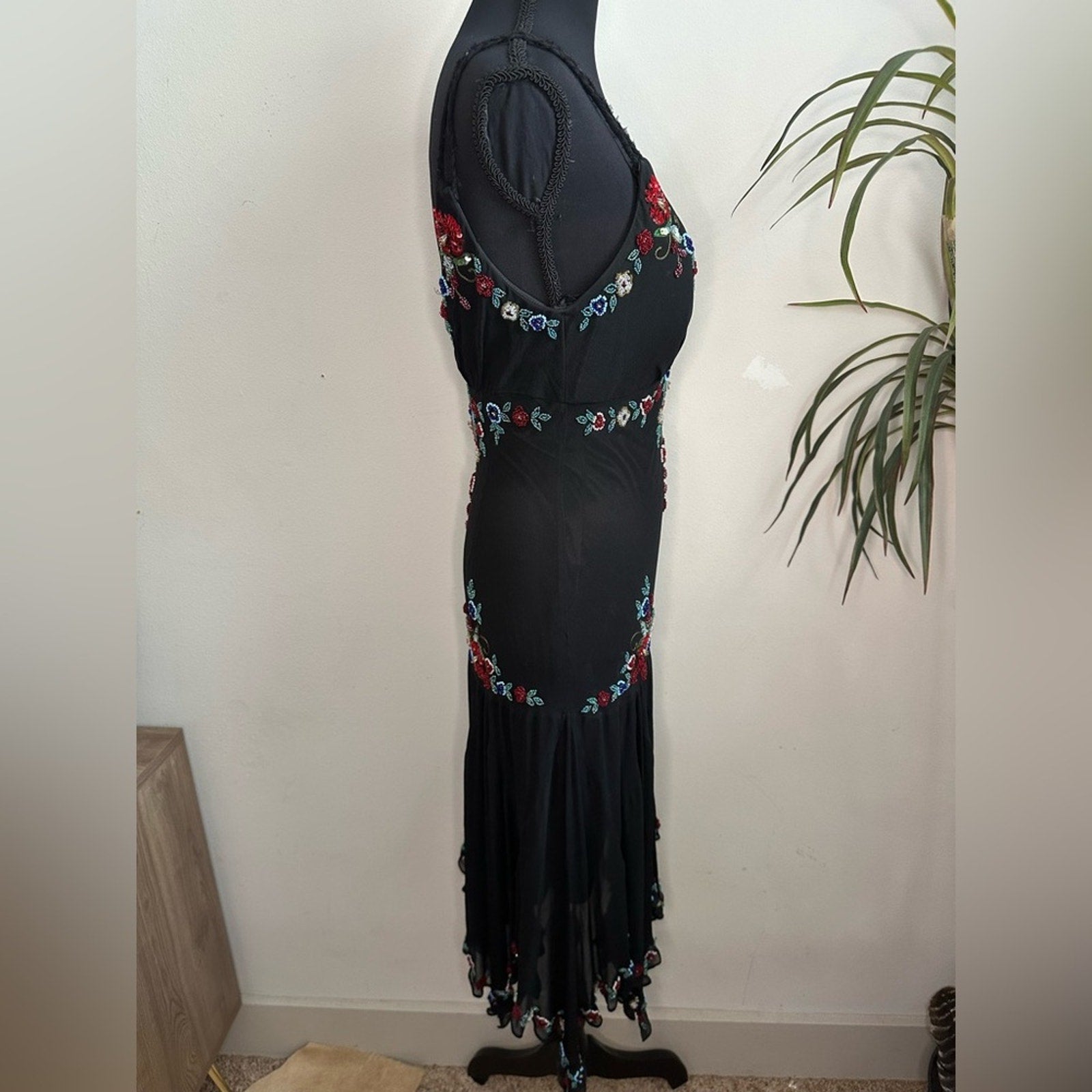 Sue Wong vintage silk beaded asymmetrical midi dress Y2K 90s style Fairycore