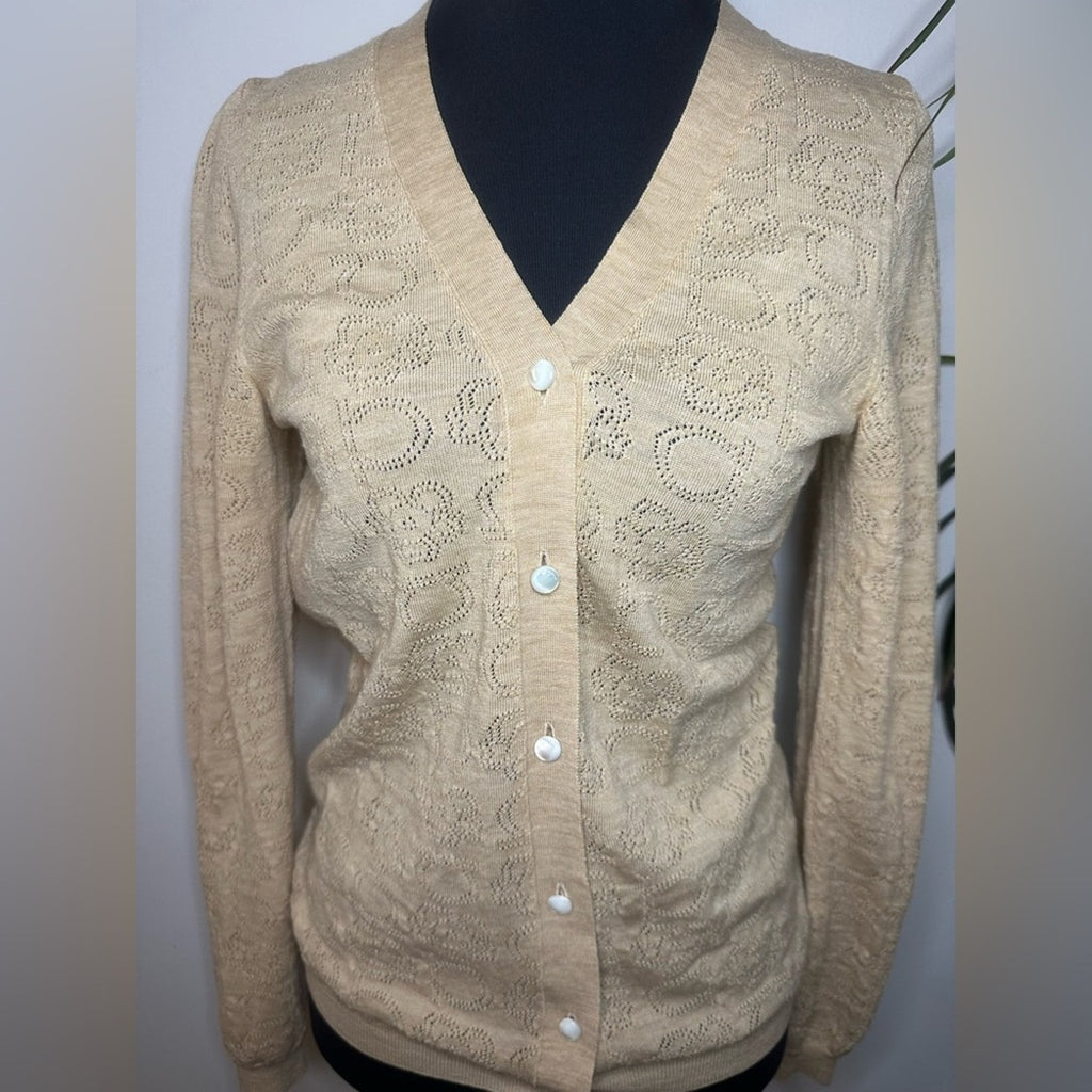Salvatore Ferragamo tan wool knit cardigan with cutout monogram print Size M