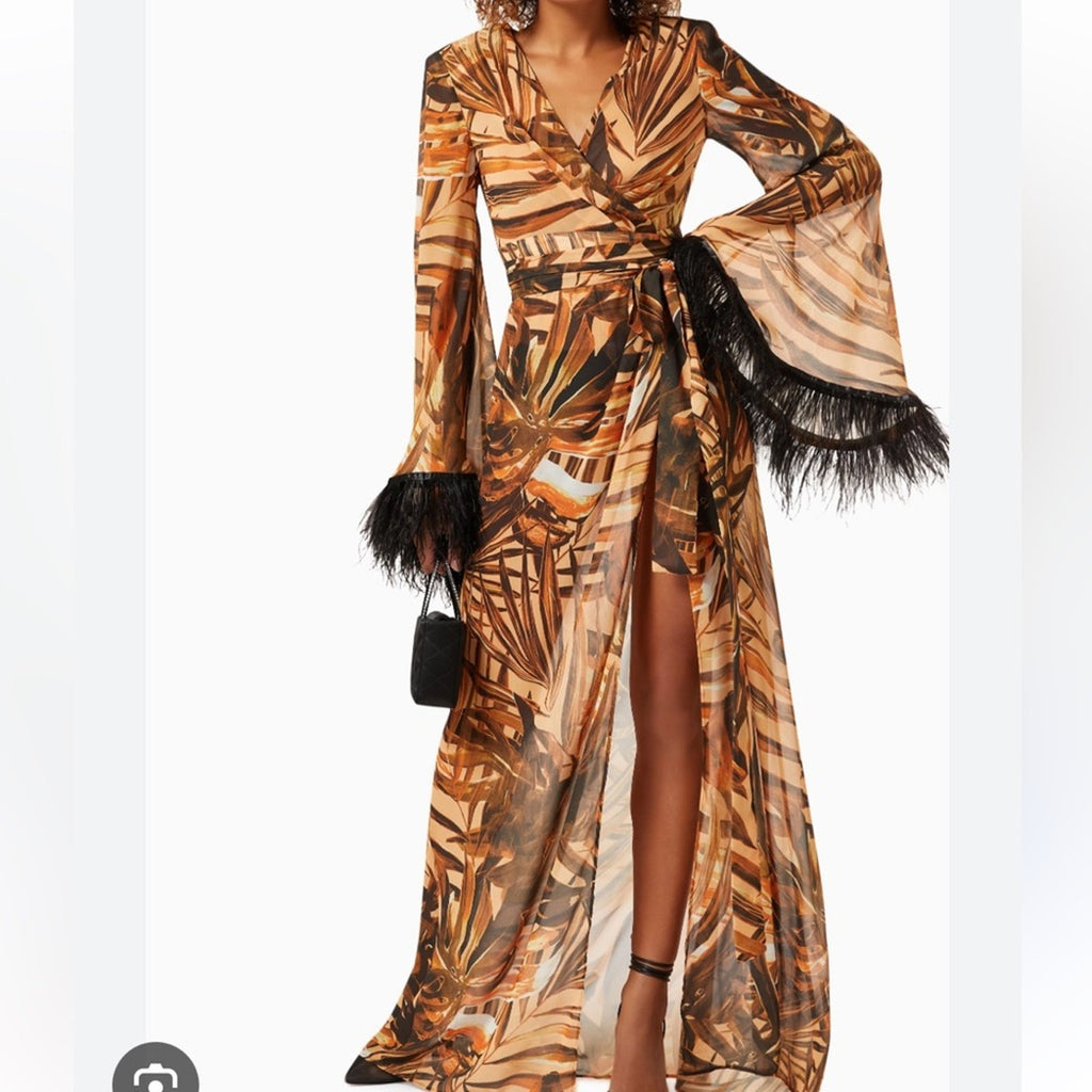 BRONX AND BANCO Geisha 
Kenya Kimono Dress in Printed Silk with Ostrich Feathers