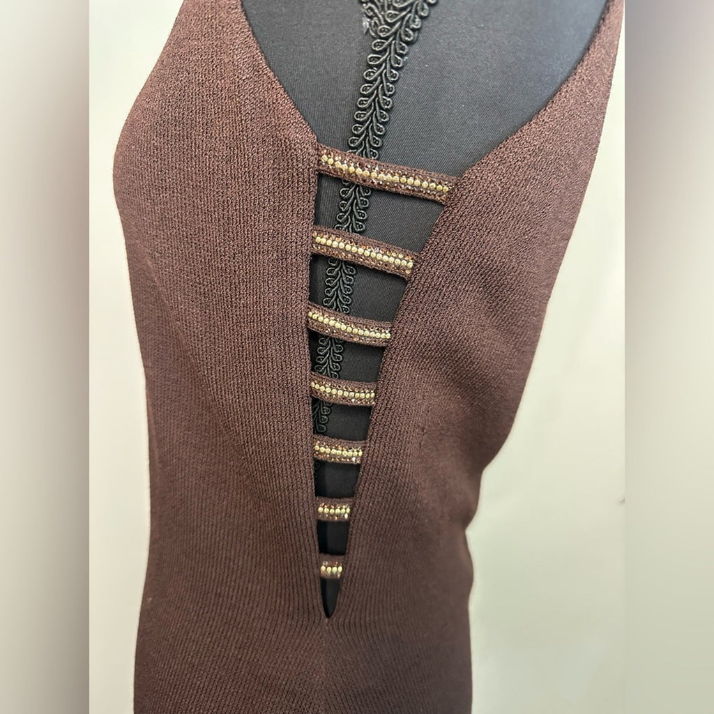 St. John Evening Knit mock neck gown rhinestone collar chocolate brown dress 4