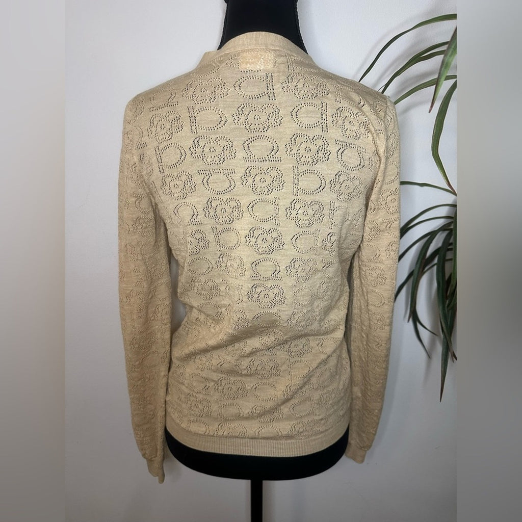 Salvatore Ferragamo tan wool knit cardigan with cutout monogram print Size M