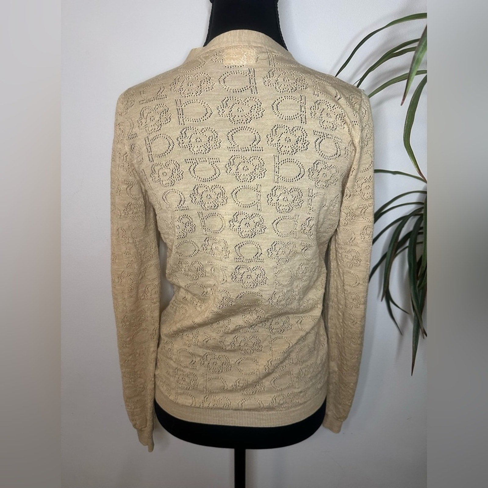 Salvatore Ferragamo tan wool knit cardigan with cutout monogram print Size M