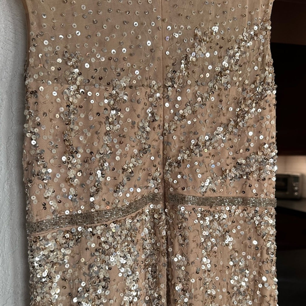 Mac Duggal Illusion Neck Sequin Gown blush pink silver beaded formal dress