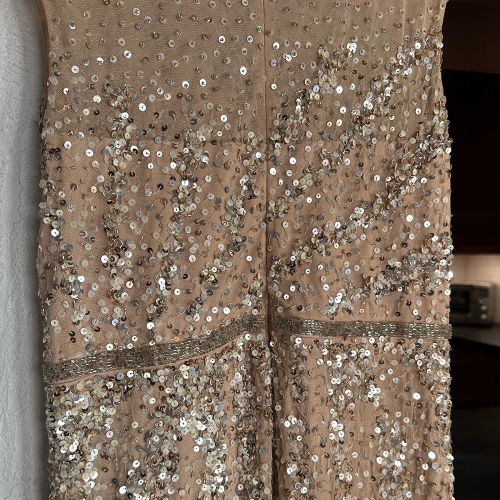 Mac Duggal Illusion Neck Sequin Gown blush pink silver beaded formal dress