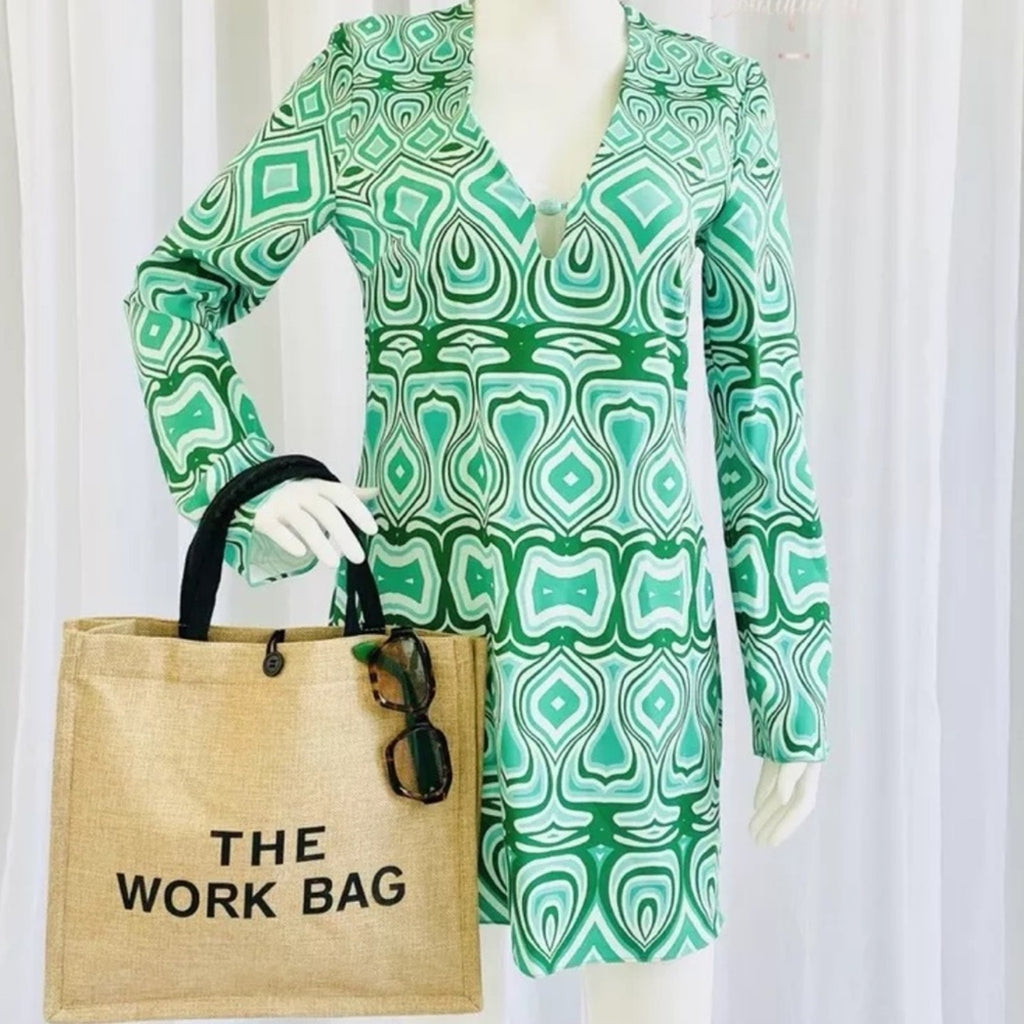 Mango retro green printed pattern dress longs sleeve 60s dress small