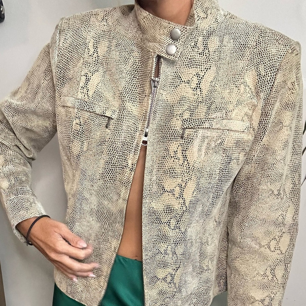 Alfani Leather snakeskin boxy double zipper high collar jacket small