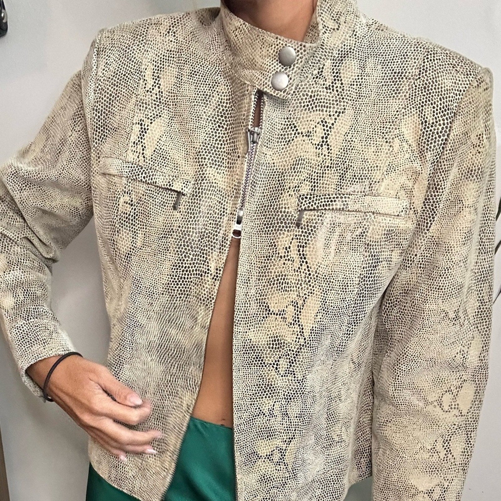 Alfani Leather snakeskin boxy double zipper high collar jacket small