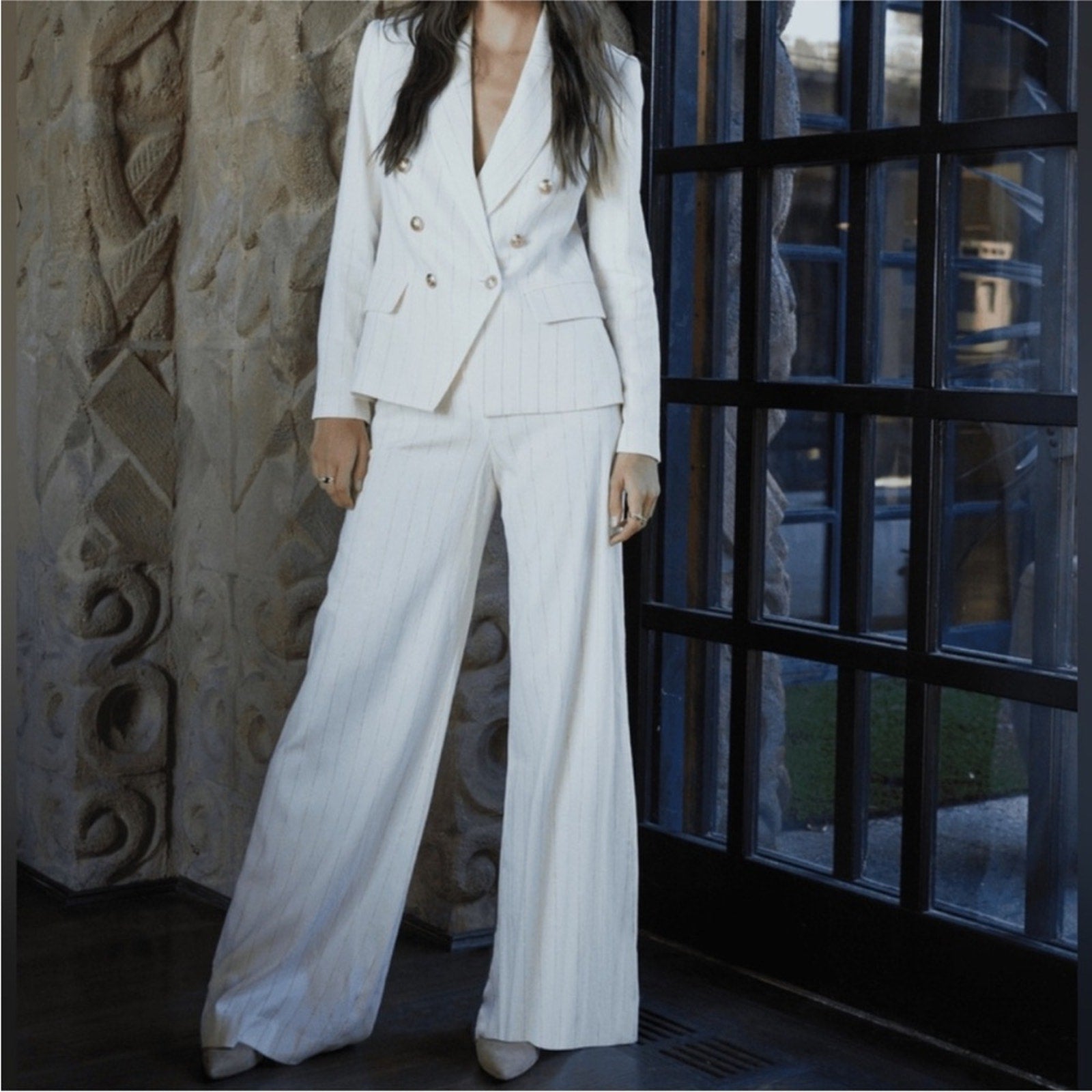 L’AGENCE Kenzie striped Blazer and Pilar striped pants LINEN SUIT set S, XS