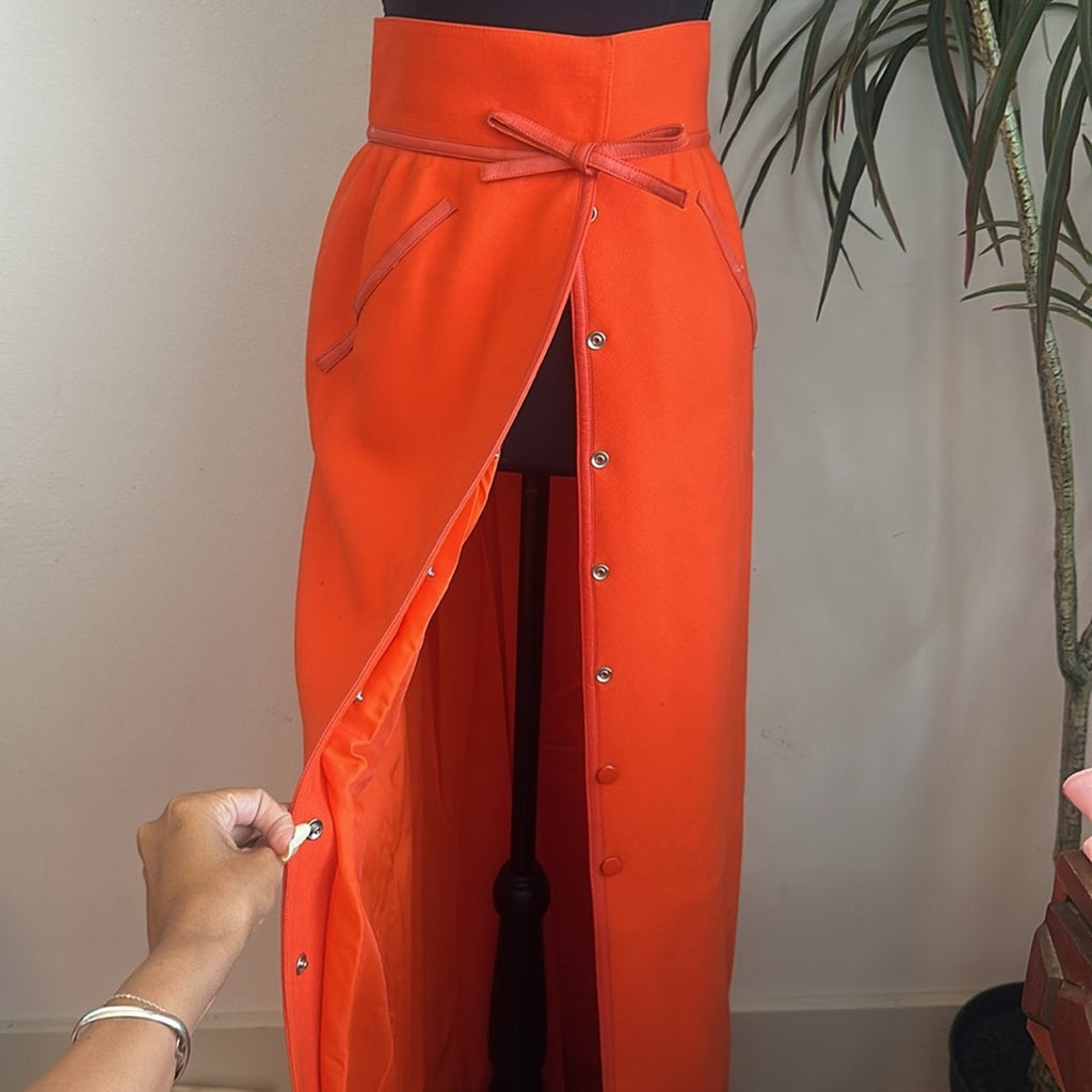 Vintage 1960 Andre Courreges orange wool maxi skirt leather trim high waist maxi