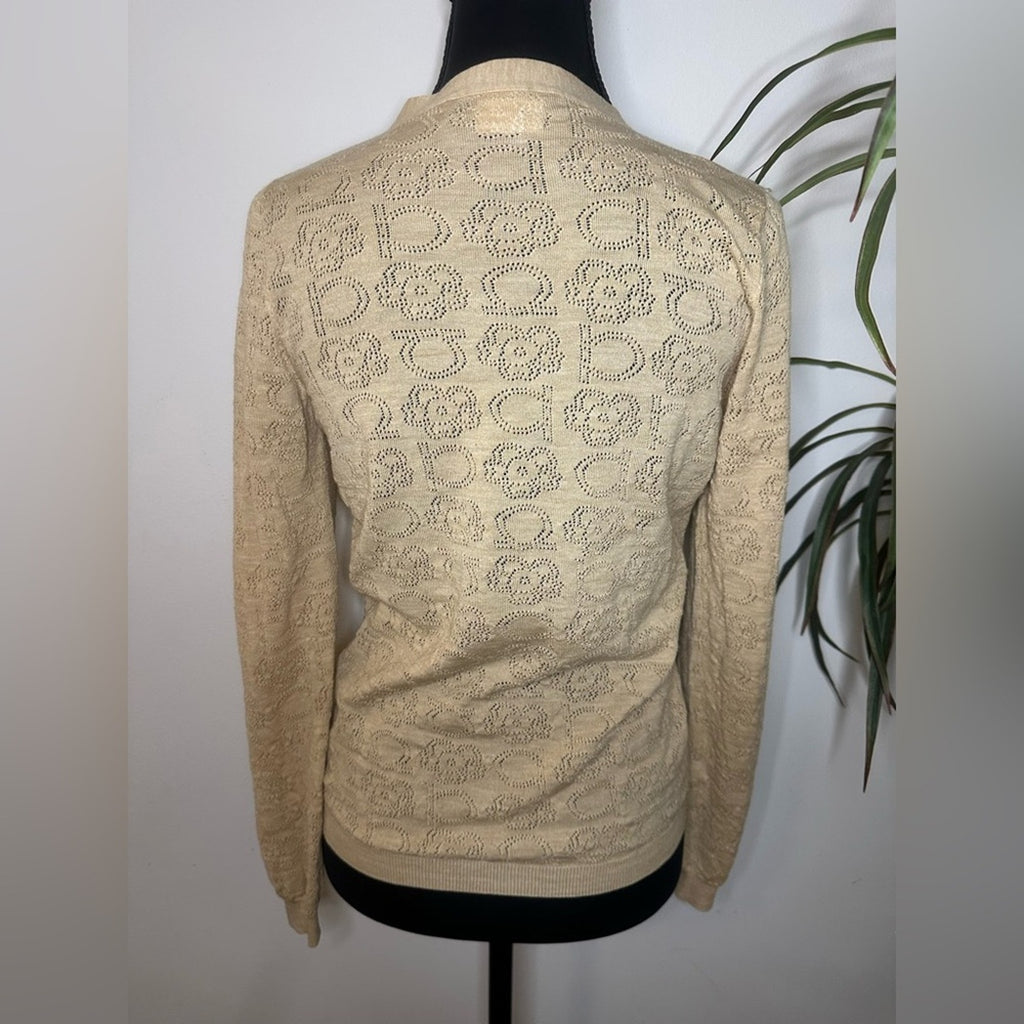 Salvatore Ferragamo tan wool knit cardigan with cutout monogram print Size M