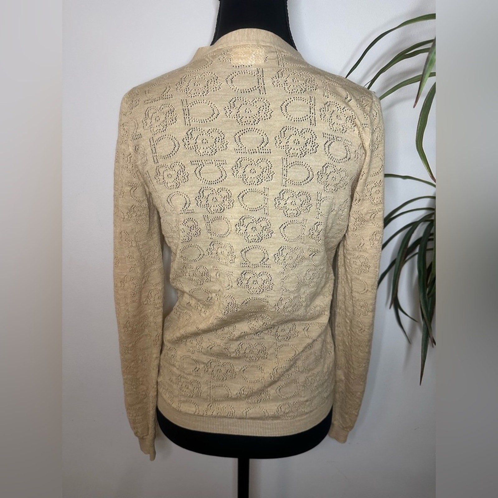 Salvatore Ferragamo tan wool knit cardigan with cutout monogram print Size M