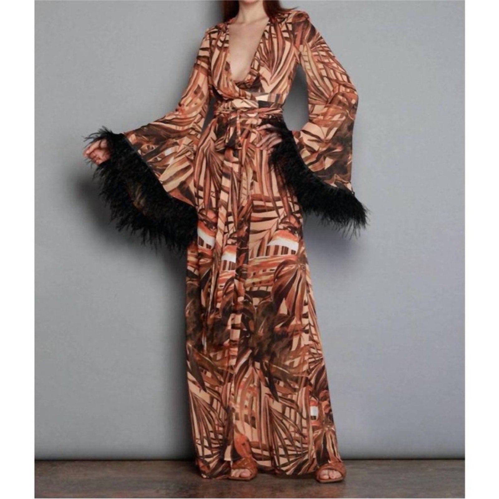 BRONX AND BANCO Geisha 
Kenya Kimono Dress in Printed Silk with Ostrich Feathers
