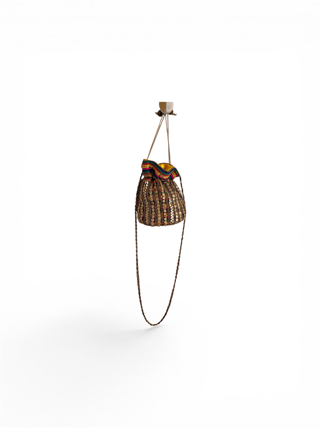 Vintage satin hand beaded evening gold bucket bag ￼