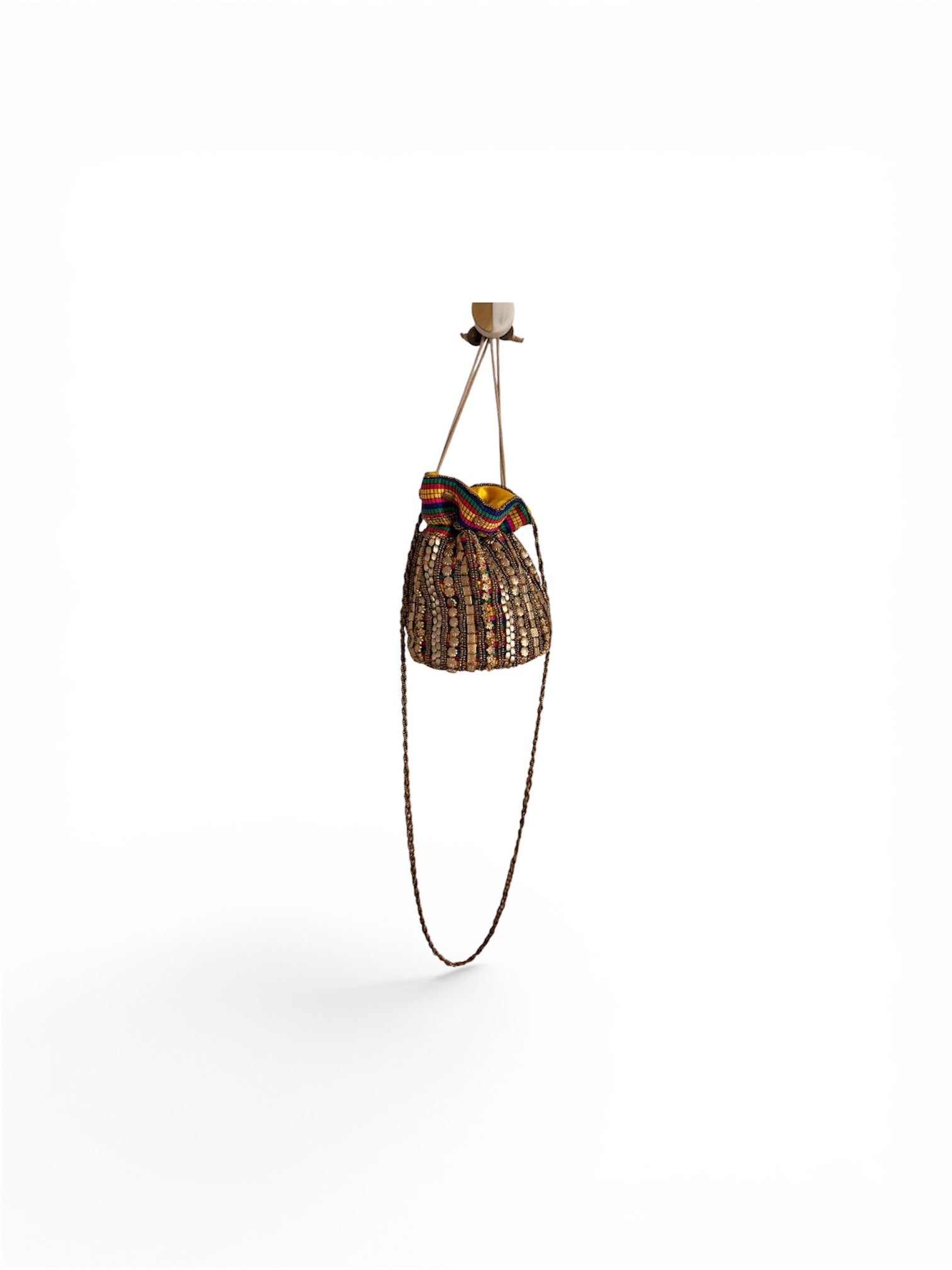 Vintage satin hand beaded evening gold bucket bag ￼