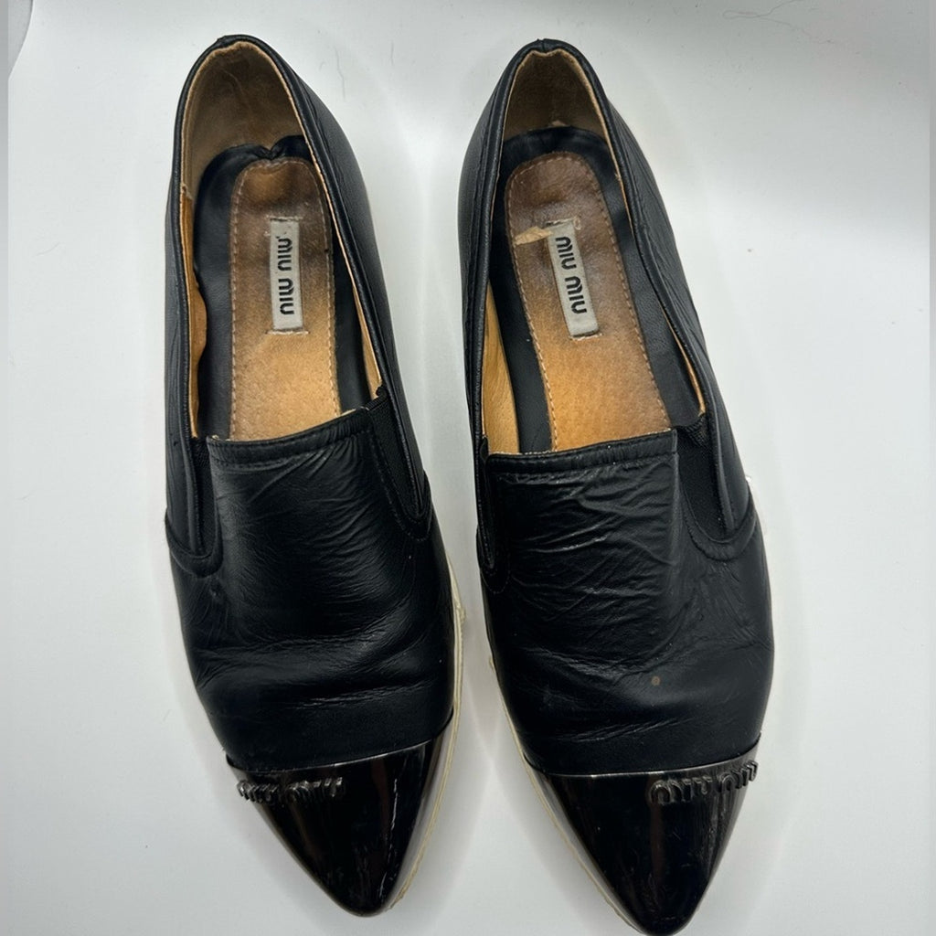 Miu Miu Womens Skate Shoes Black Leather Slip On Metal Cap Toe Size 36 Flats