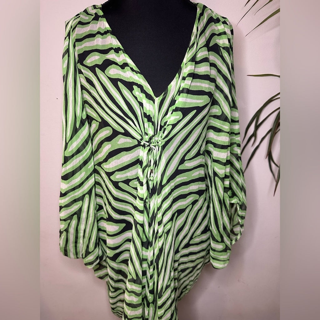 Vintage Diane Von Furstenberg 100% green black silk retro print sheer cover up