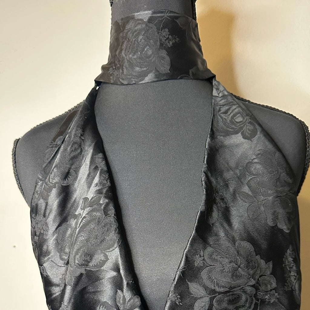 Ronny Kobo black floral Nola evening dress w/ plunging neckline & choker collar