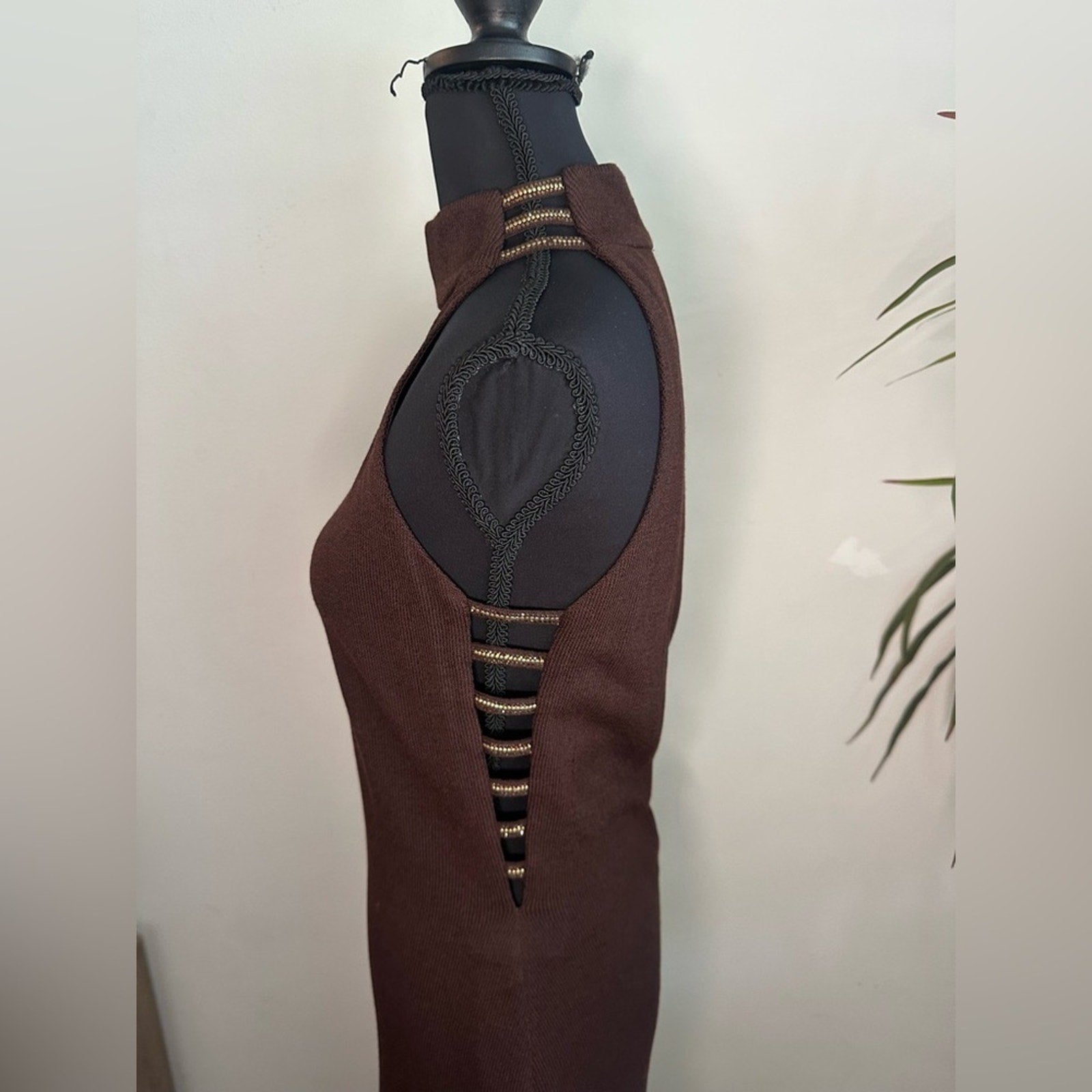 St. John Evening Knit mock neck gown rhinestone collar chocolate brown dress 4