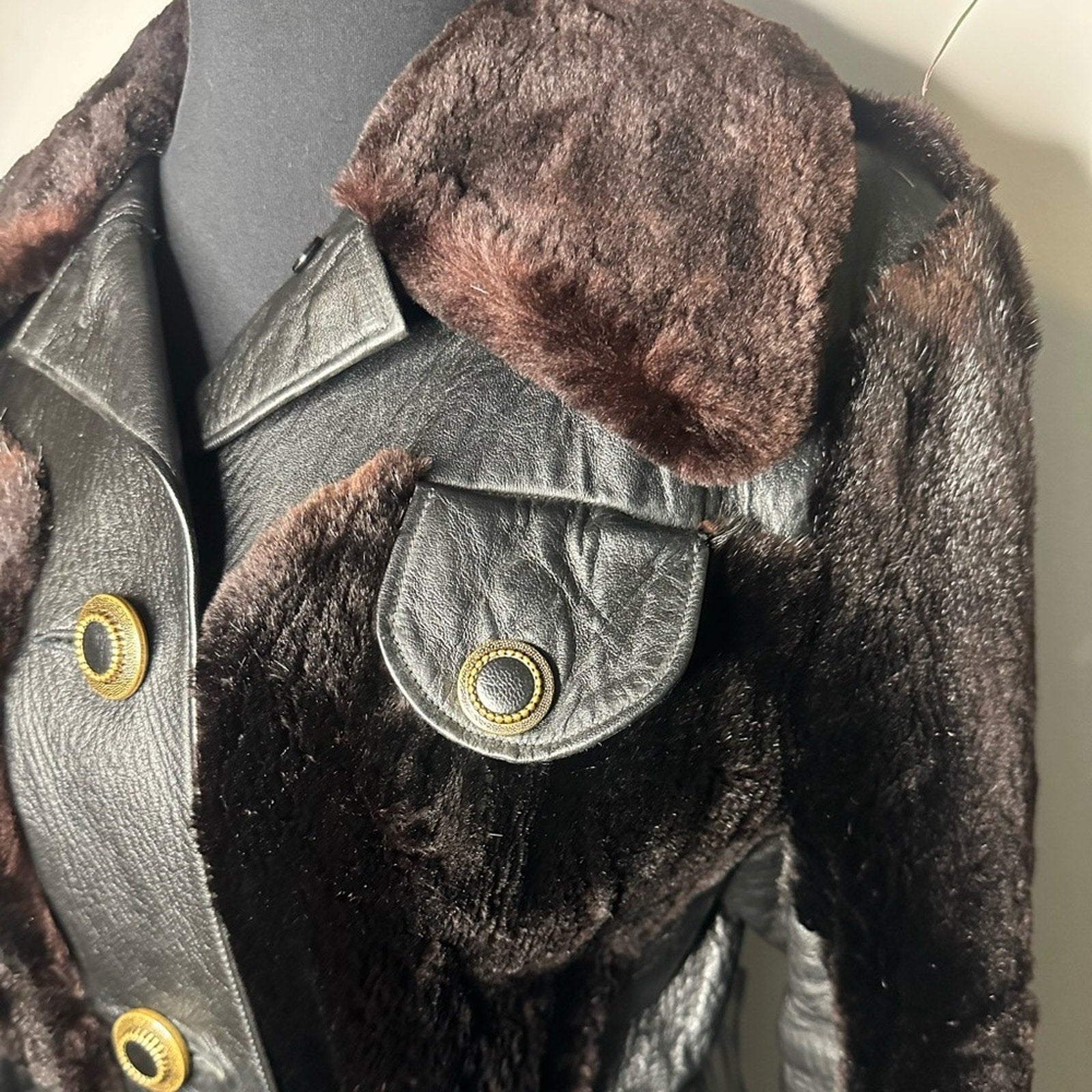 Vintage 70s Tolchinsky Brown Fur & Black Leather Trench Coat Belted Boho Jacket