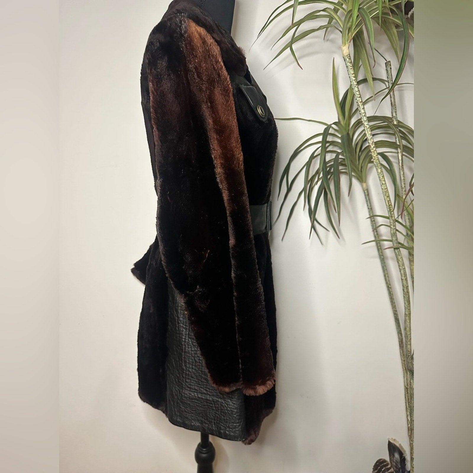 Vintage 70s Tolchinsky Brown Fur & Black Leather Trench Coat Belted Boho Jacket