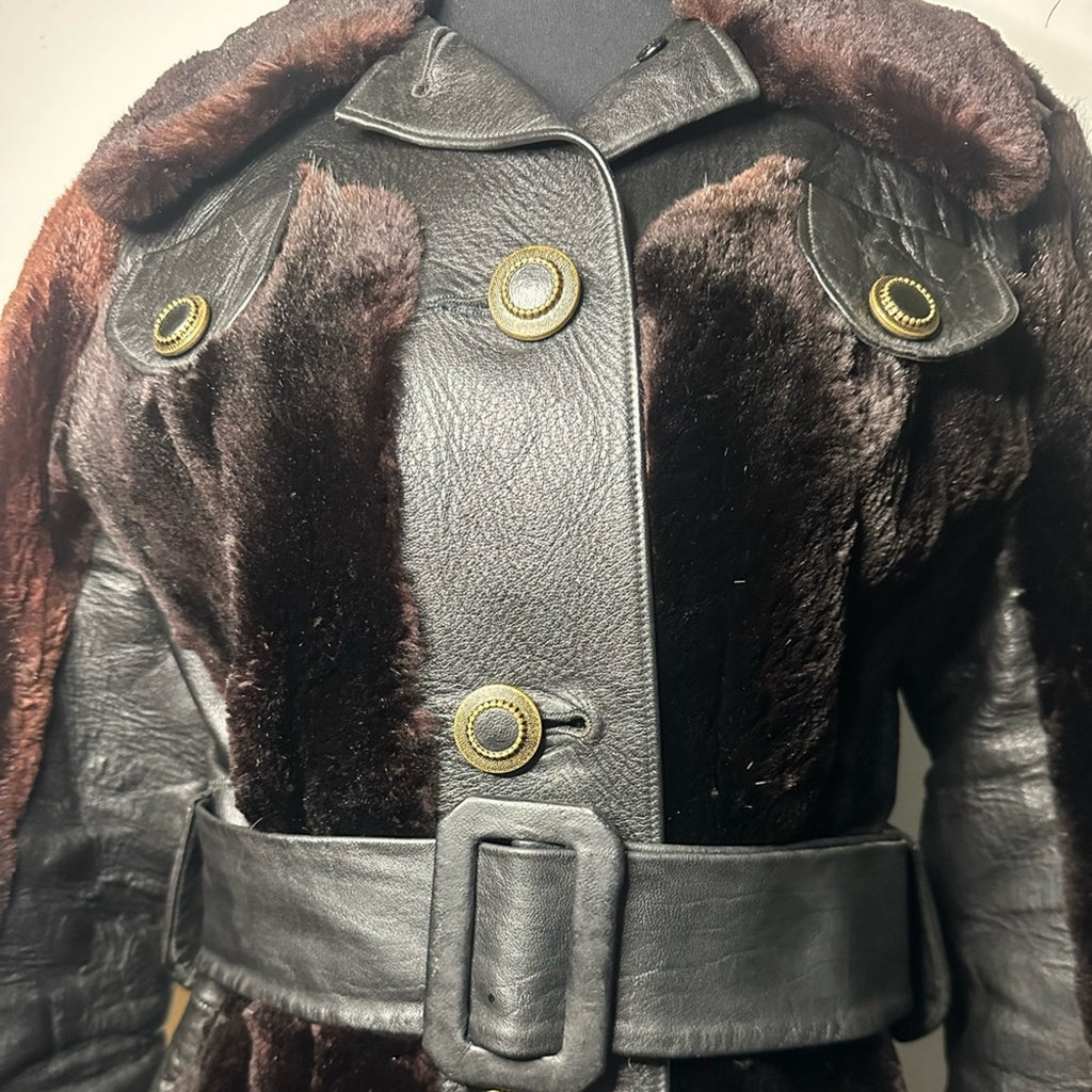 Vintage 70s Tolchinsky Brown Fur & Black Leather Trench Coat Belted Boho Jacket
