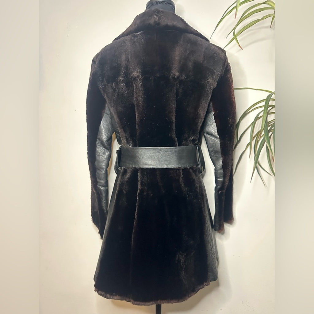 Vintage 70s Tolchinsky Brown Fur & Black Leather Trench Coat Belted Boho Jacket