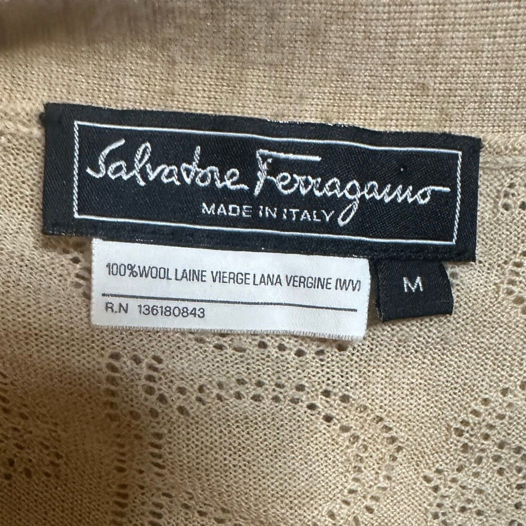 Salvatore Ferragamo tan wool knit cardigan with cutout monogram print Size M