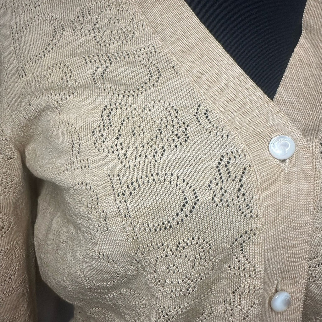 Salvatore Ferragamo tan wool knit cardigan with cutout monogram print Size M