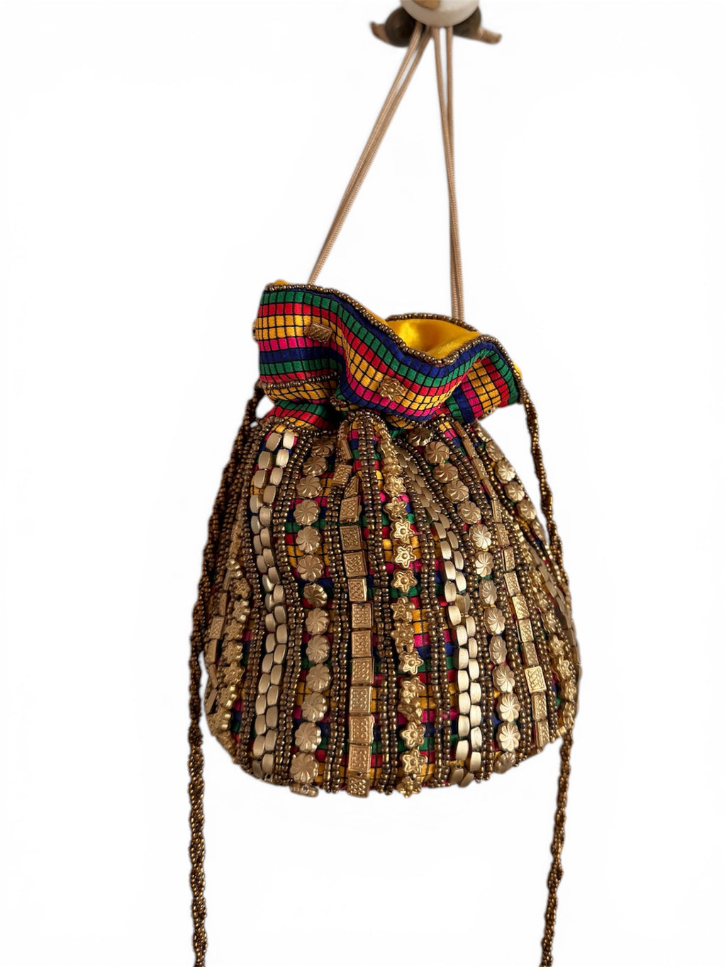 Vintage satin hand beaded evening gold bucket bag ￼