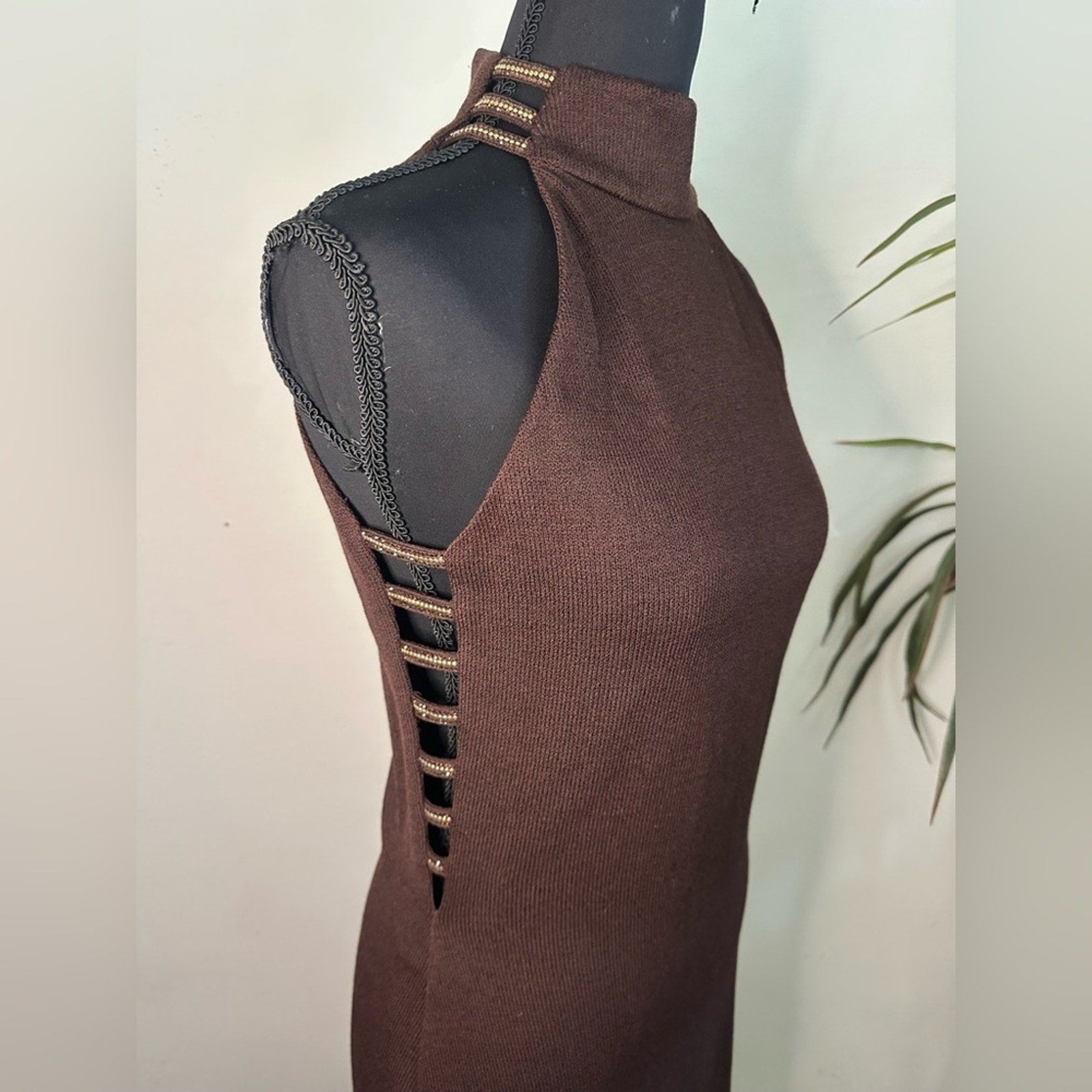St. John Evening Knit mock neck gown rhinestone collar chocolate brown dress 4