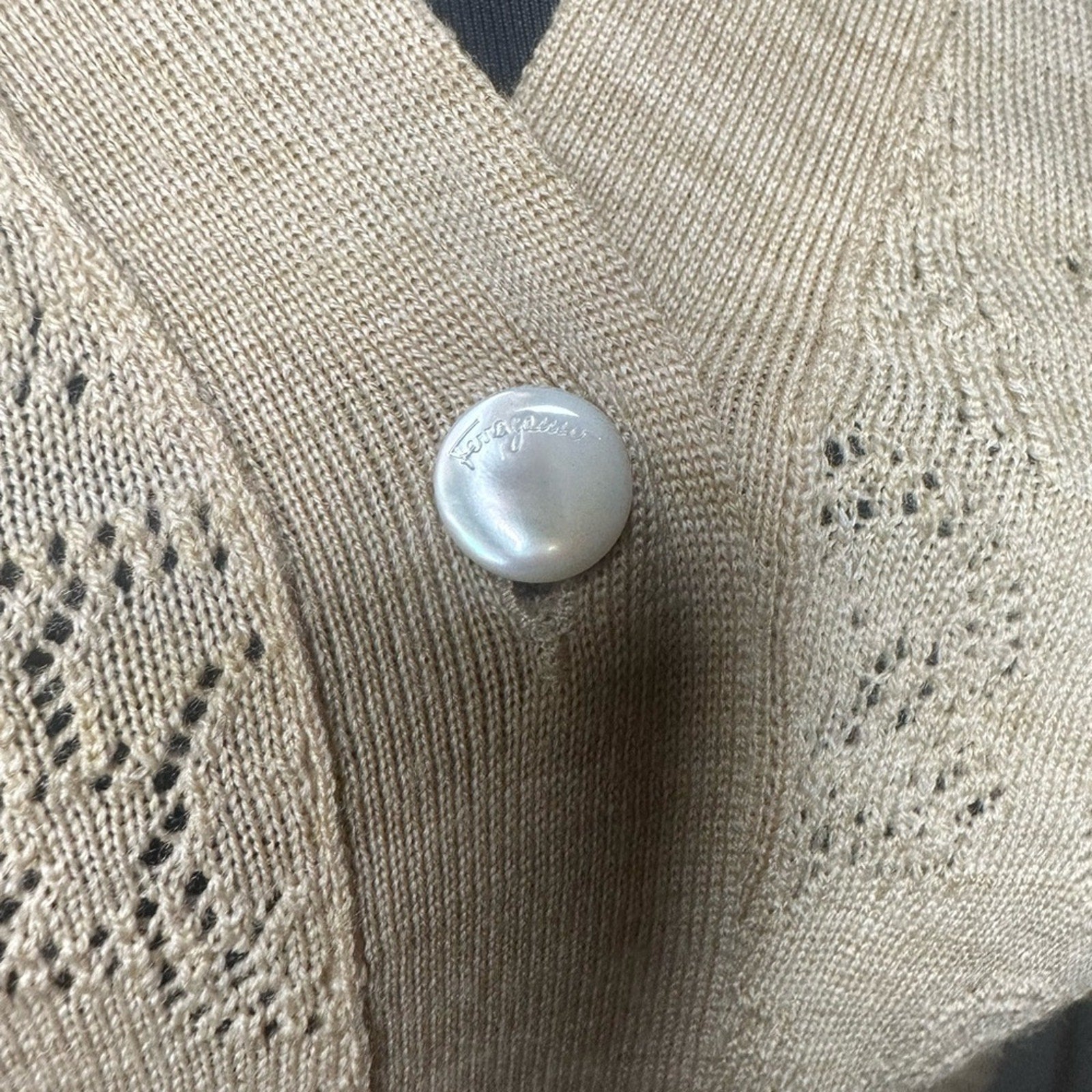 Salvatore Ferragamo tan wool knit cardigan with cutout monogram print Size M