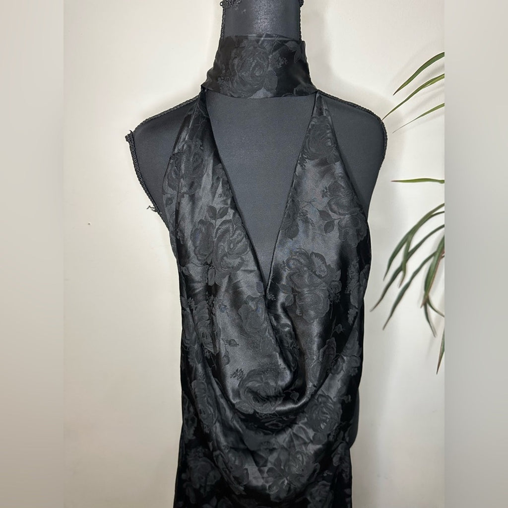 Ronny Kobo black floral Nola evening dress w/ plunging neckline & choker collar