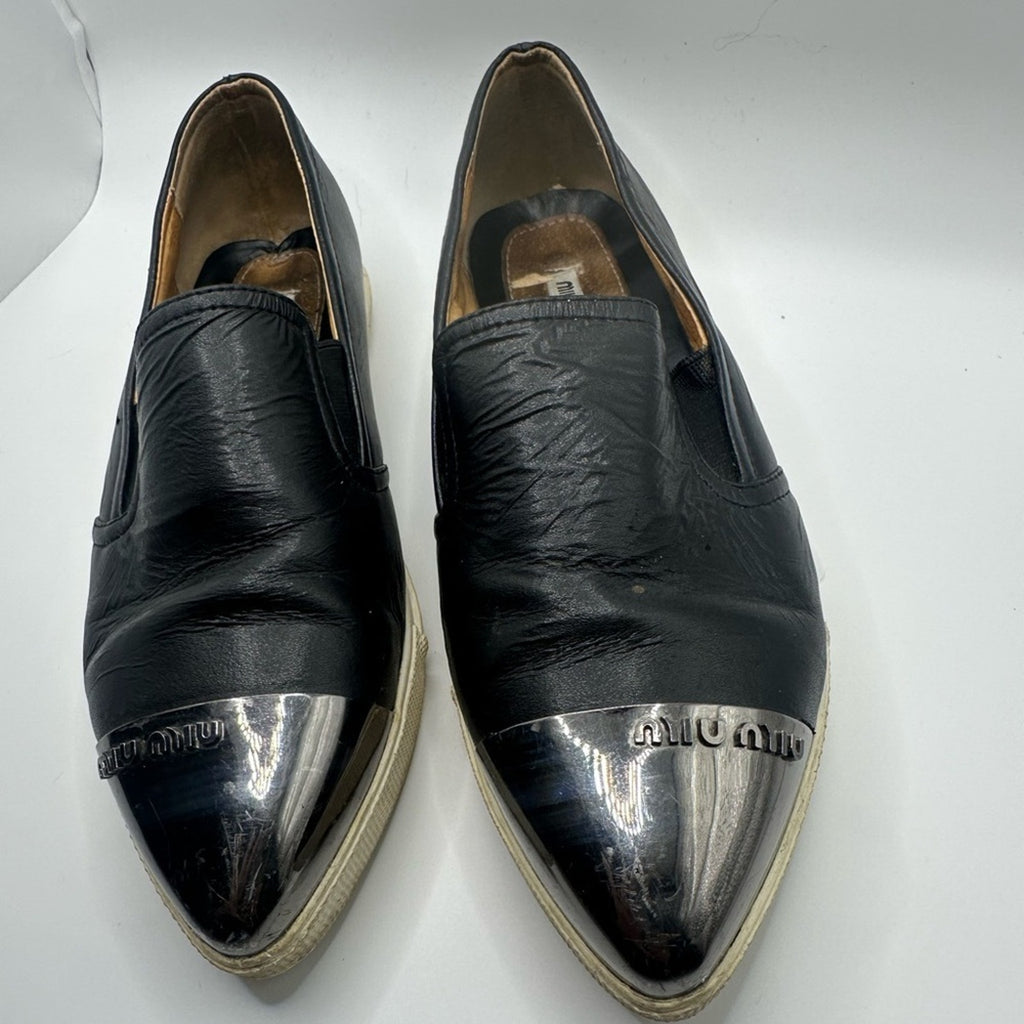Miu Miu Womens Skate Shoes Black Leather Slip On Metal Cap Toe Size 36 Flats