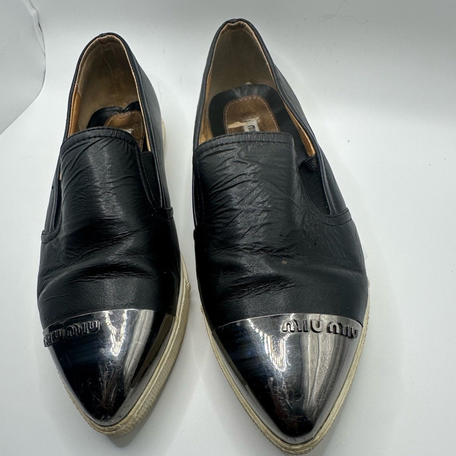 Miu Miu Womens Skate Shoes Black Leather Slip On Metal Cap Toe Size 36 Flats