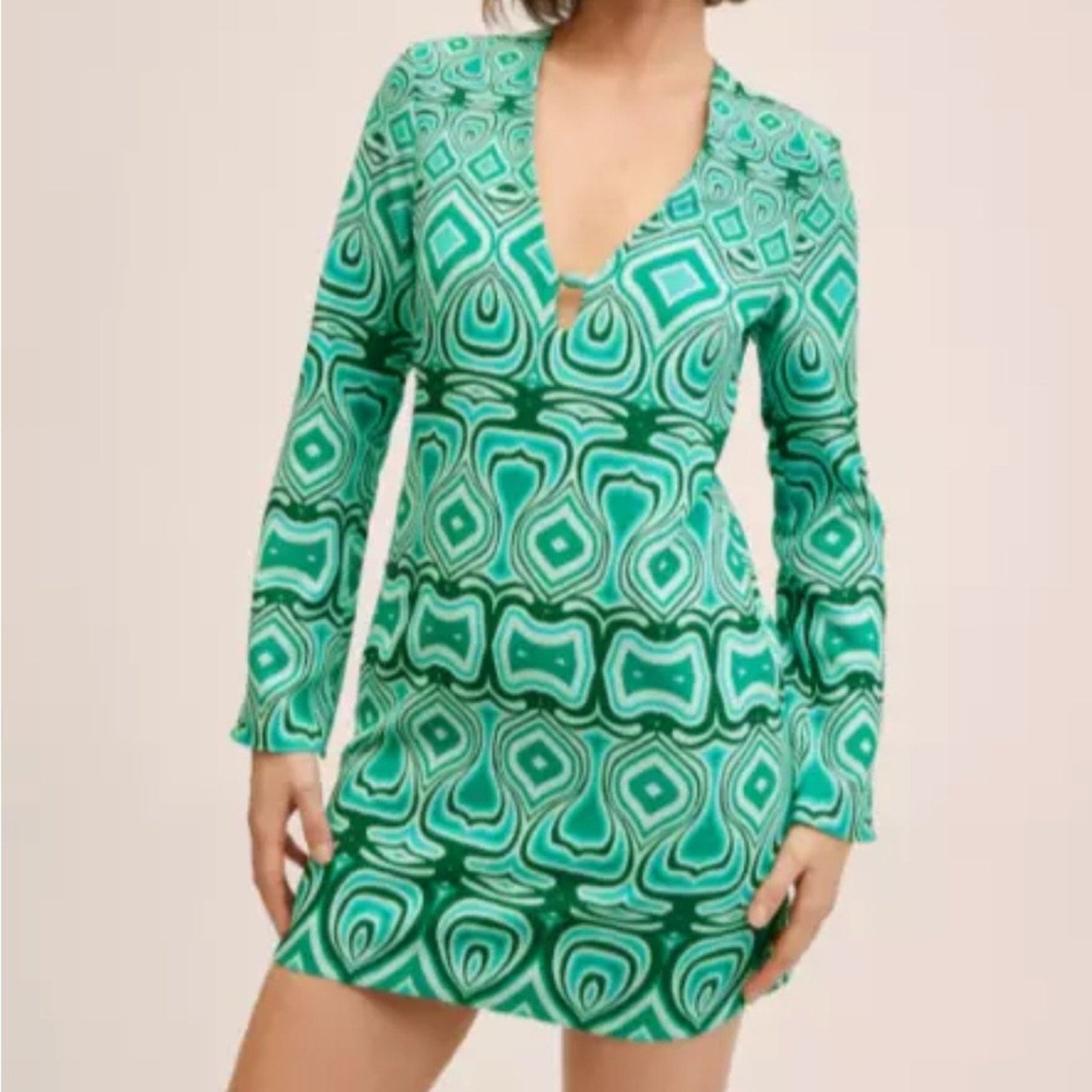 Mango retro green printed pattern dress longs sleeve 60s dress small