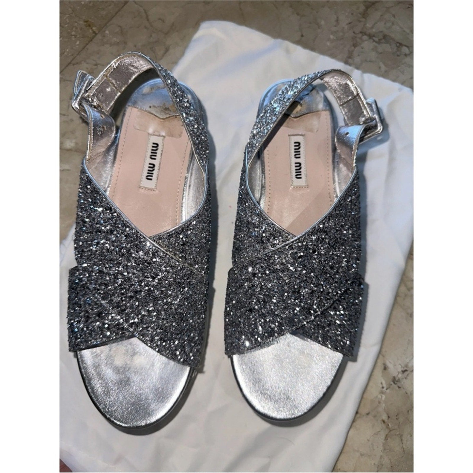 Miu Miu Silver Glitter Women's platform Sandals