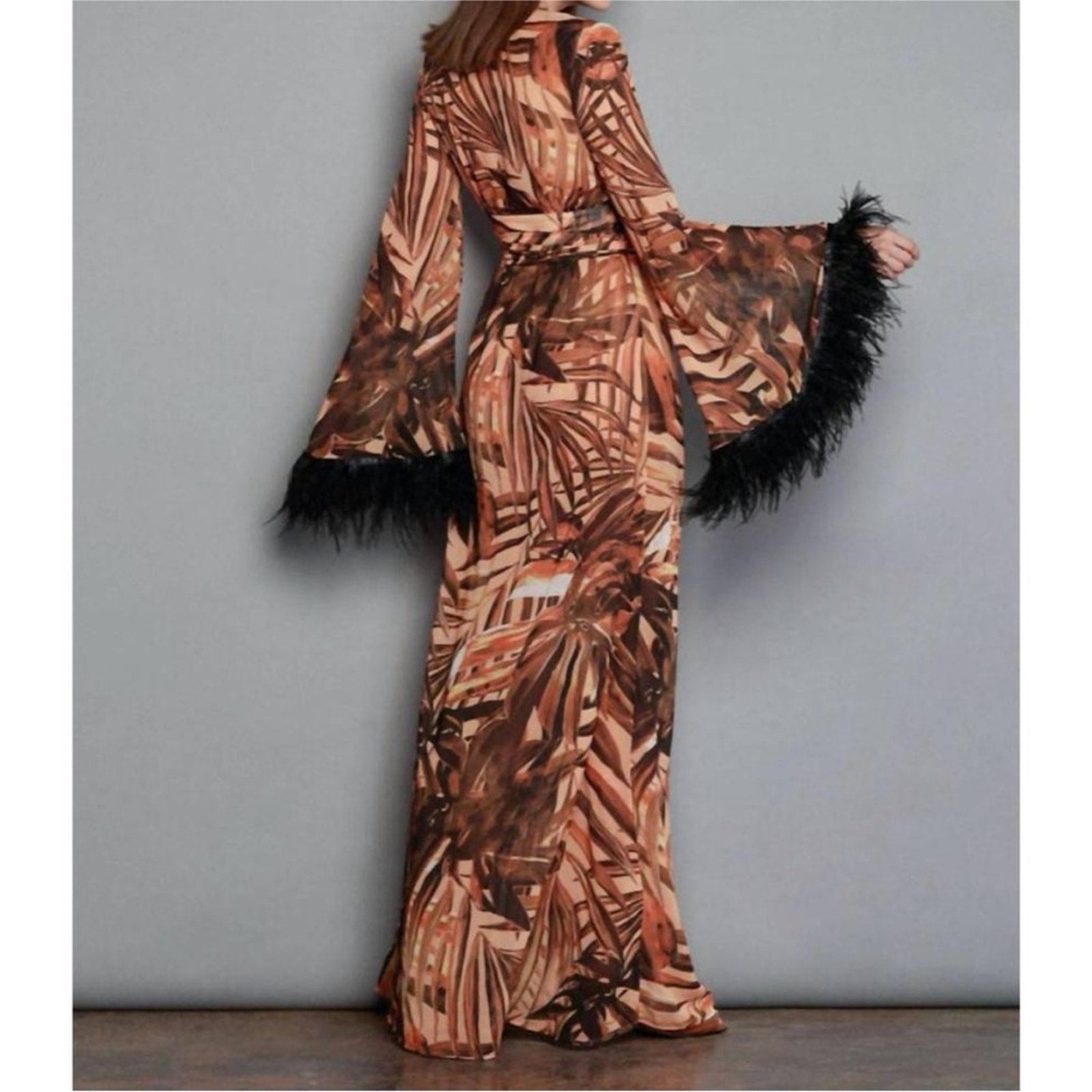 BRONX AND BANCO Geisha 
Kenya Kimono Dress in Printed Silk with Ostrich Feathers