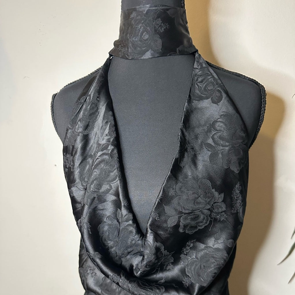 Ronny Kobo black floral Nola evening dress w/ plunging neckline & choker collar