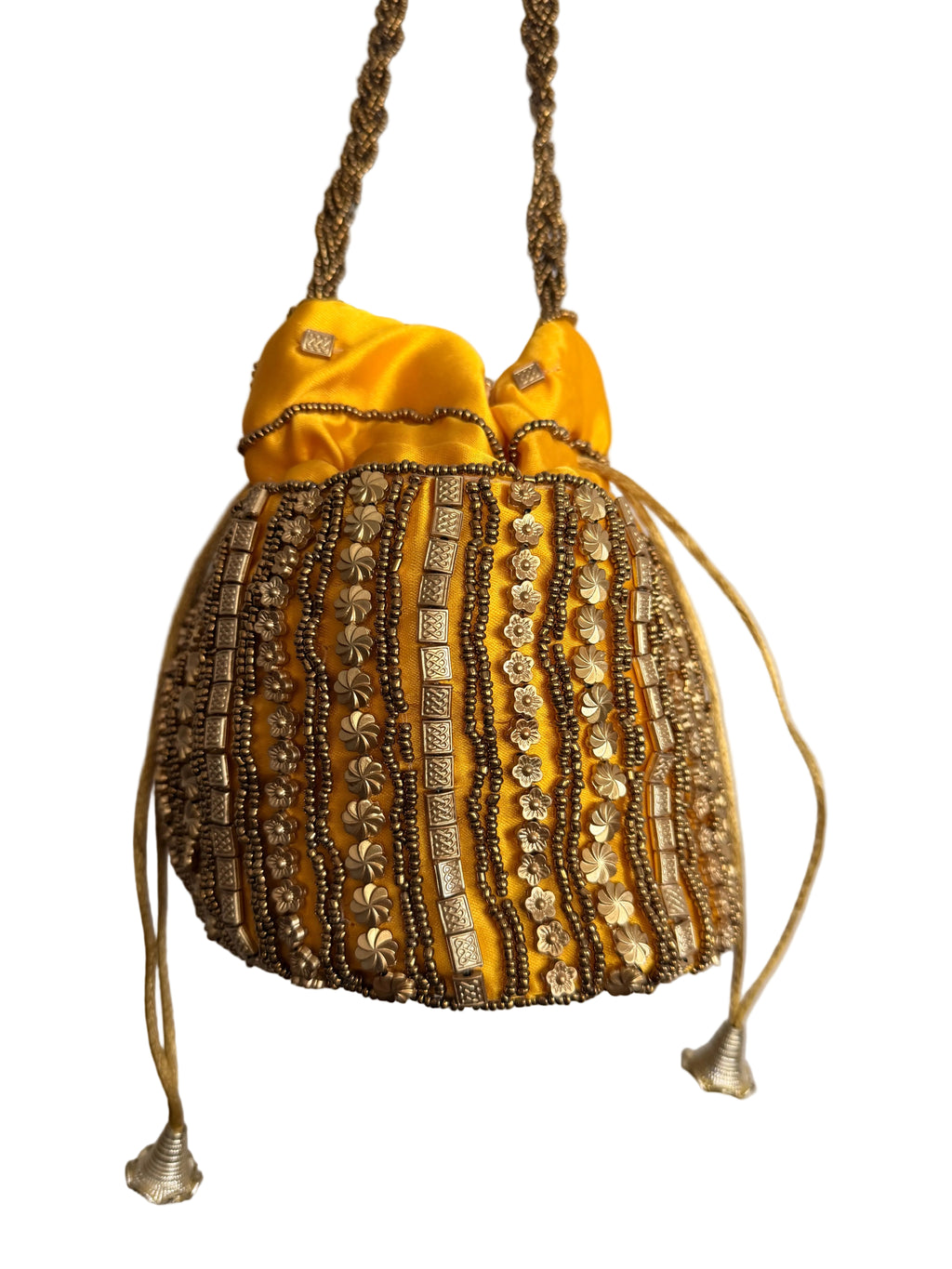 Yellow and Gold Satin beaded drawstring bucket bag