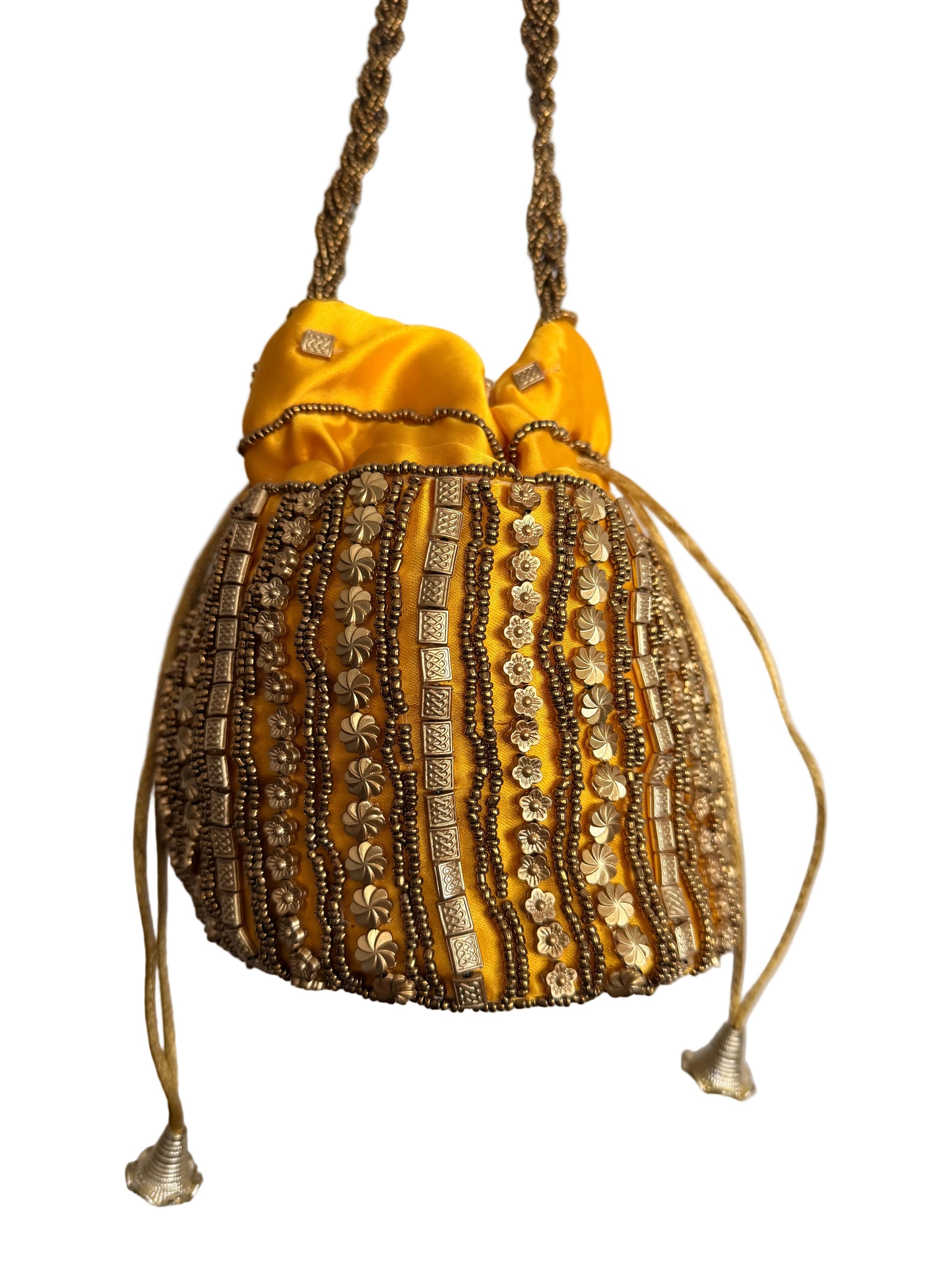 Yellow and Gold Satin beaded drawstring bucket bag