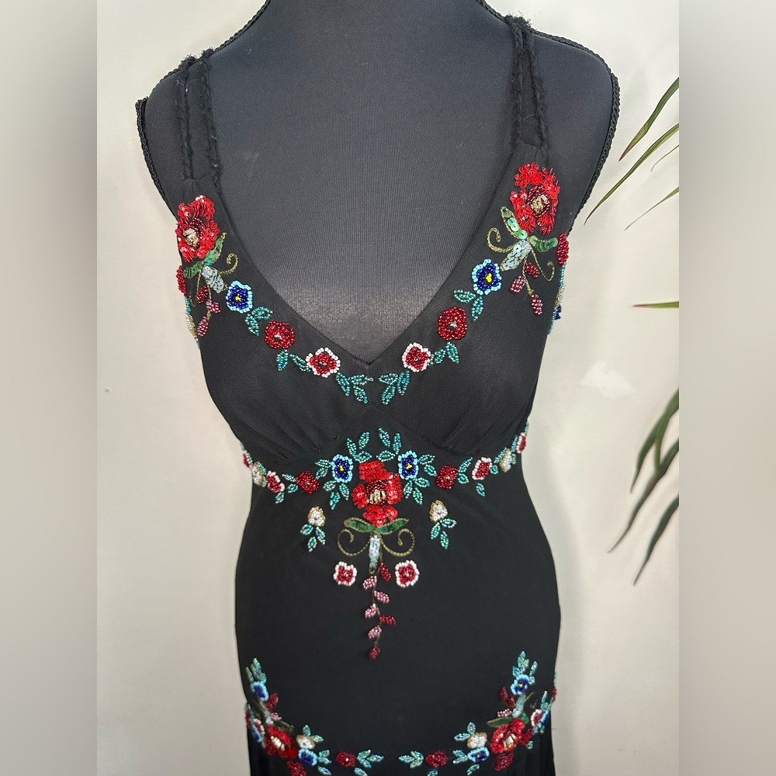 Sue Wong vintage silk beaded asymmetrical midi dress Y2K 90s style Fairycore