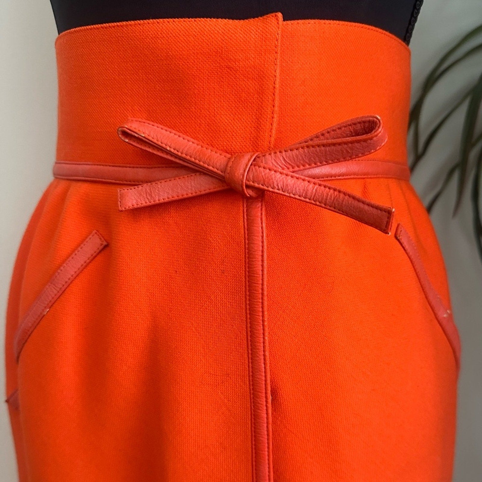 Vintage 1960 Andre Courreges orange wool maxi skirt leather trim high waist maxi