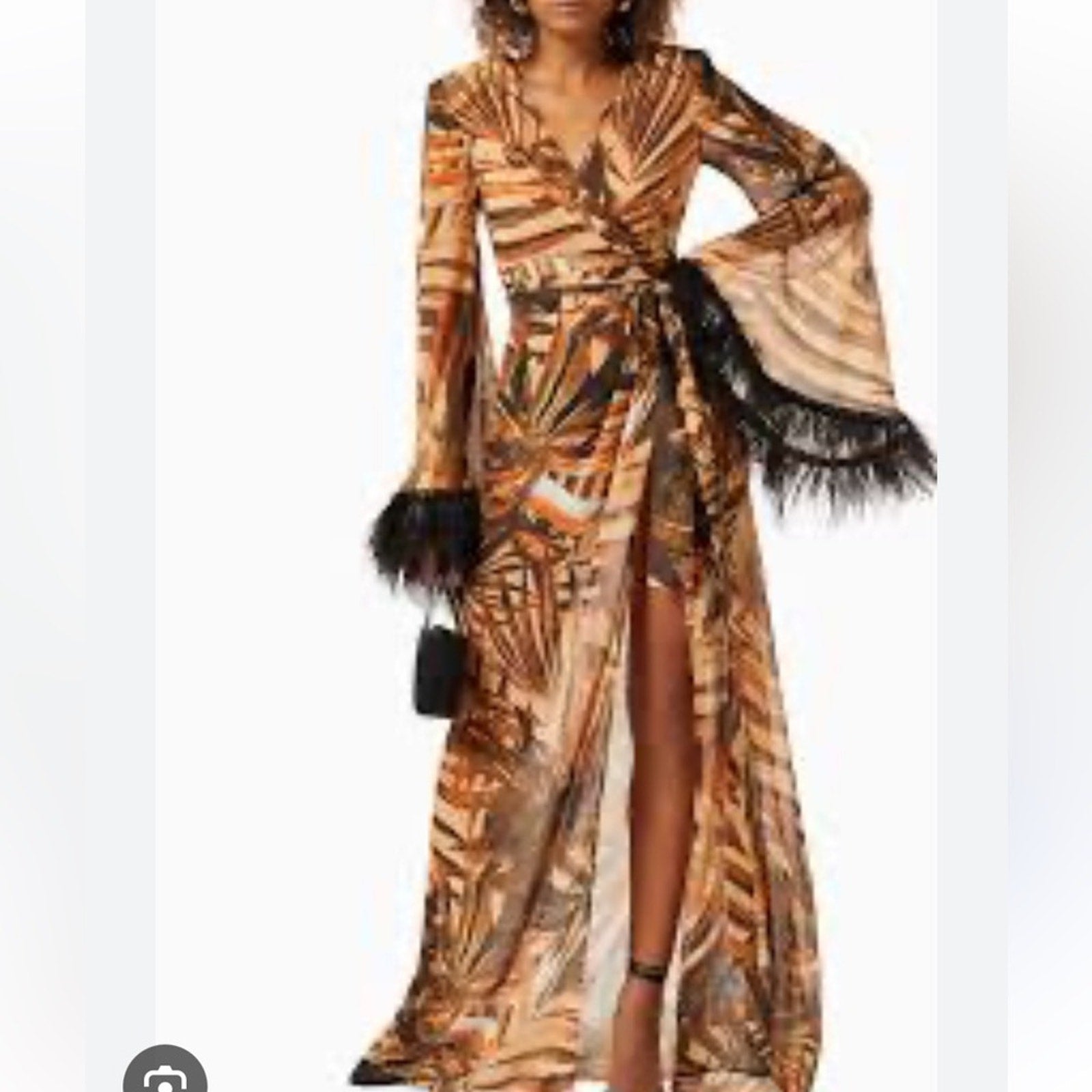 BRONX AND BANCO Geisha 
Kenya Kimono Dress in Printed Silk with Ostrich Feathers