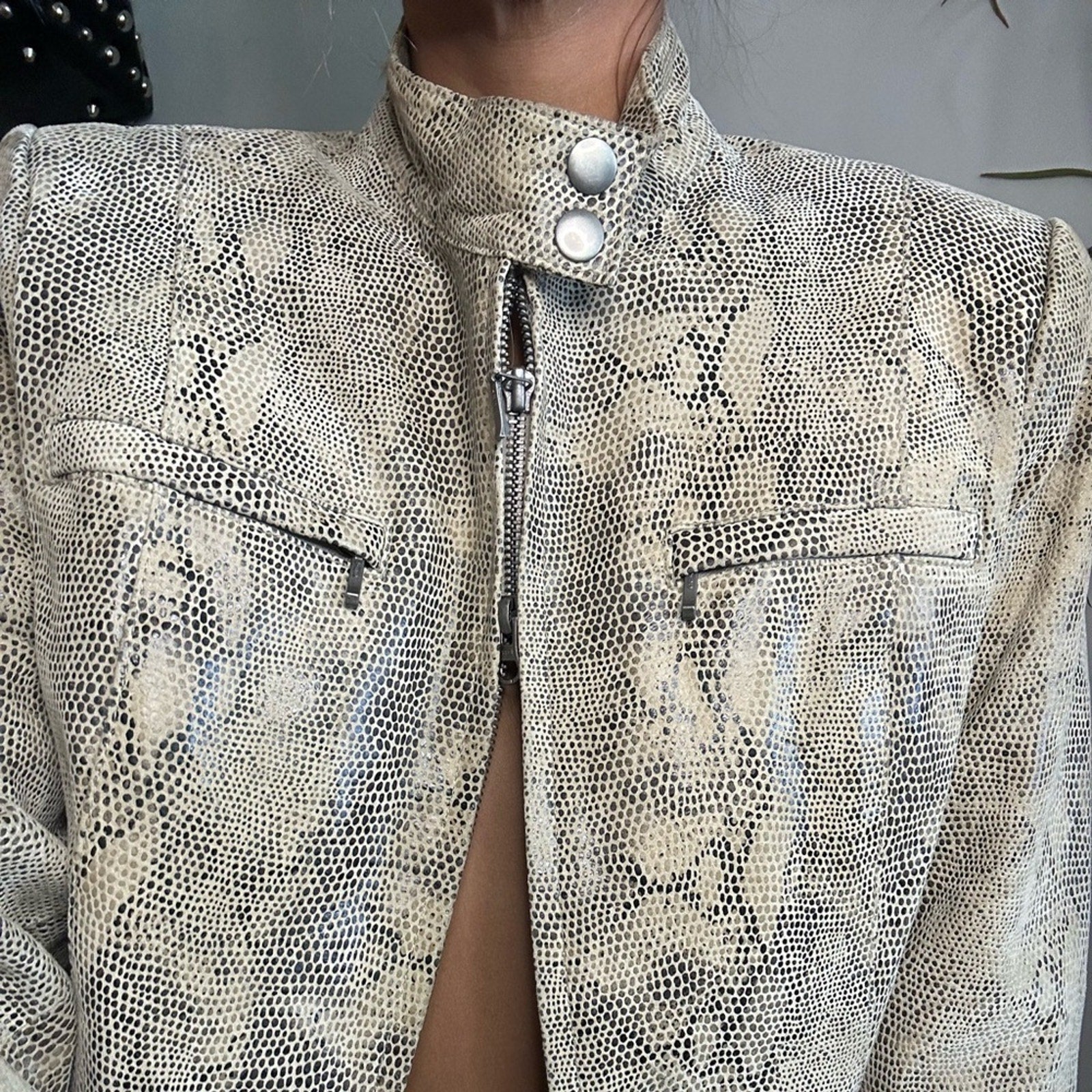 Alfani Leather snakeskin boxy double zipper high collar jacket small