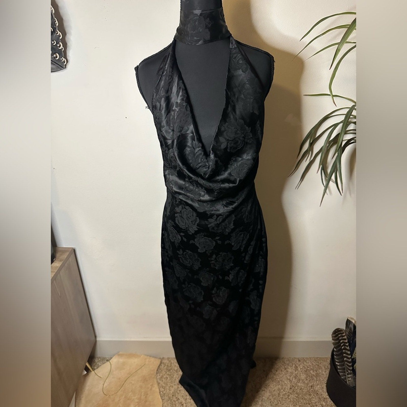 Ronny Kobo black floral Nola evening dress w/ plunging neckline & choker collar